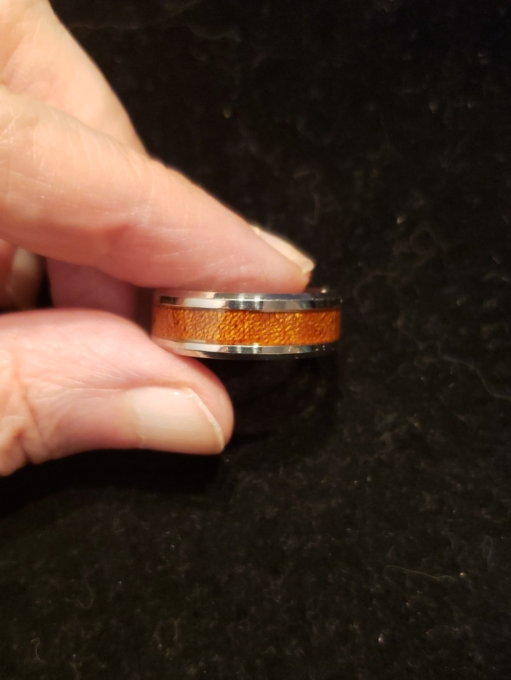 NEW Men's Polished Metal Wedding Band, Size 9,  Looks Like Stainless/Koa Wood.